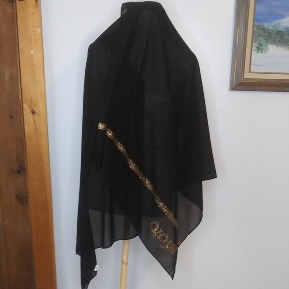 Black sheer scarf with gold rhinestone embellishment on one edge Made in Kuwait - Picture 2 of 13